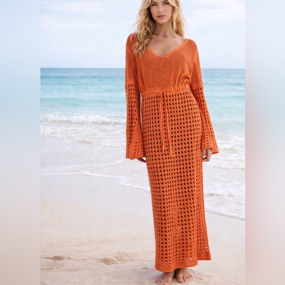 Zara Crochet Open Knit Maxi Dress Swim Coverup Orange Vacation Beachy Size Small - Picture 3 of 13